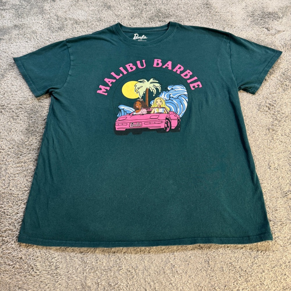 Barbie Women Malibu Barbie Graphic T Shirt XL Green Cotton Pink Convertible Tee